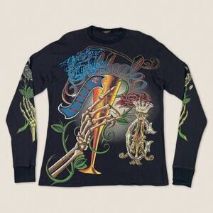 Christian Audigier Long Sleeve Graphic Henley Celebrate Life Skeleton Rose Large